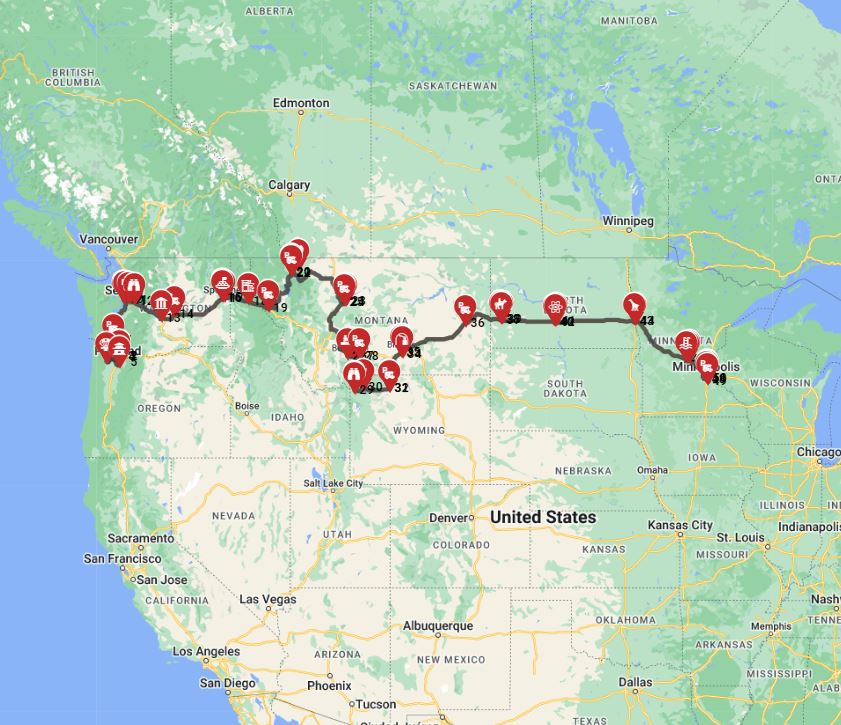 Map for Portland to Minneapolis - The Northwest to North Country Journey